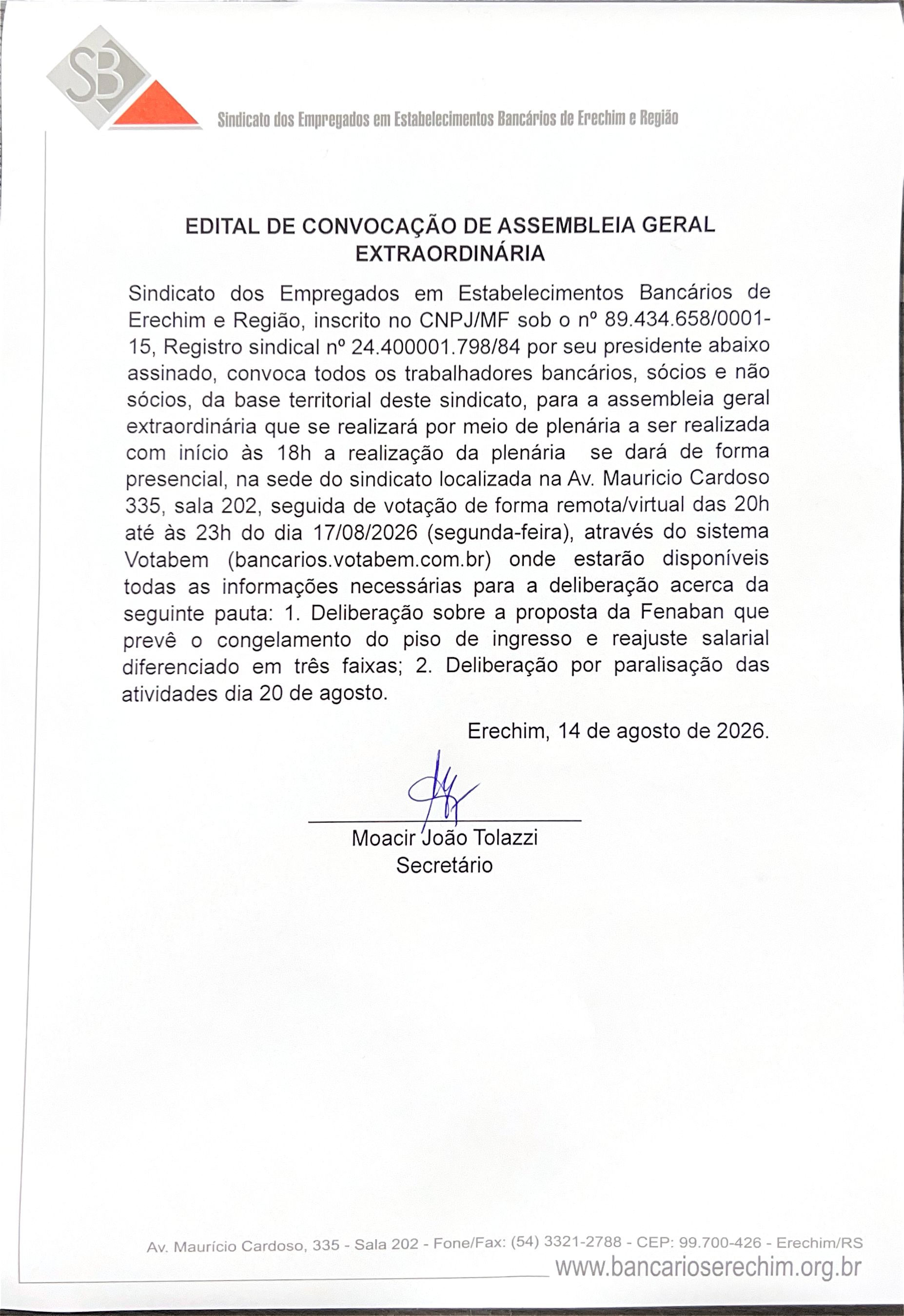 Edital de convoca��o de assembleia geral extraordin�ria 